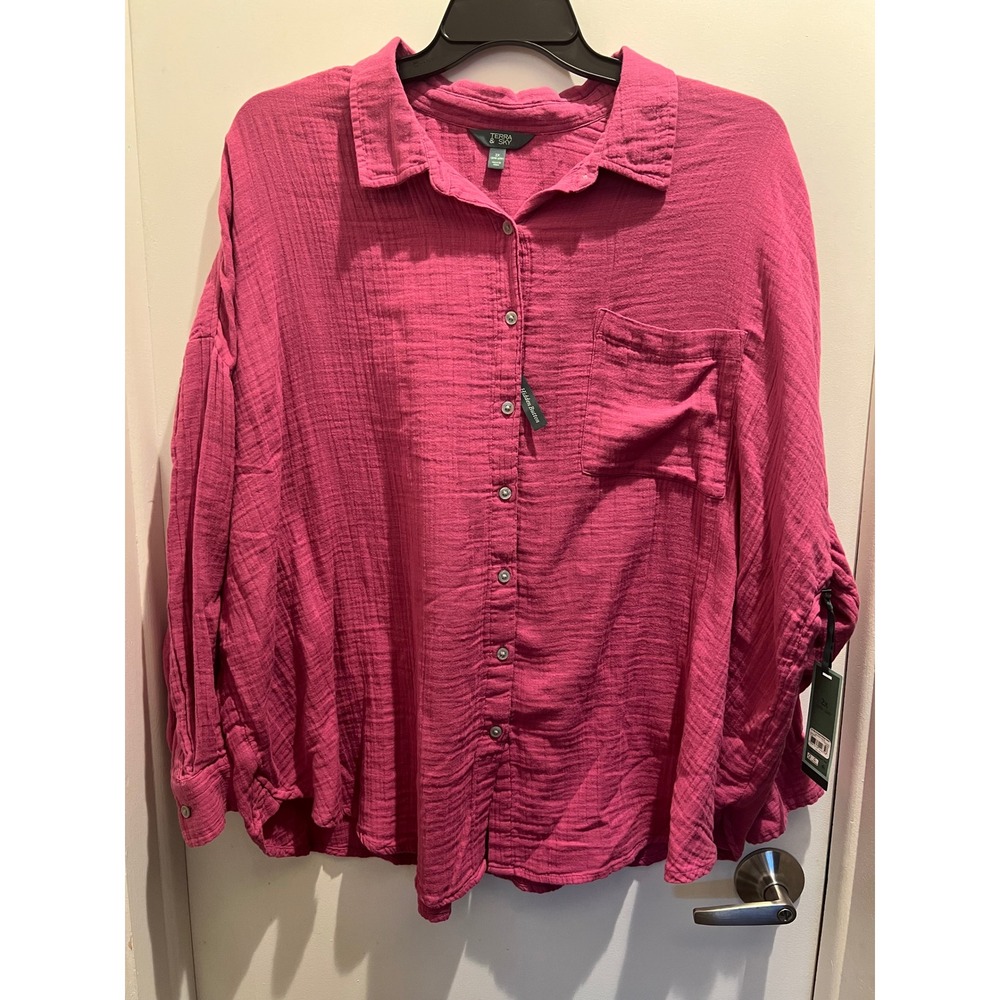 Terra & Sky Women's Plus Size Double Cloth Boyfriend Shirt, Size 2x /  F-005